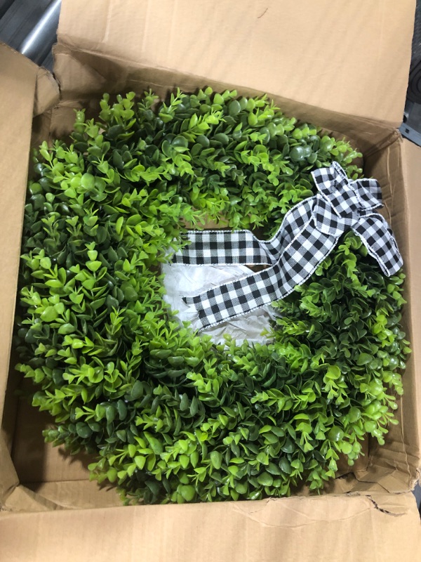 Photo 3 of 23" Faux Round Boxwood Wreath, Vlorart Artificial Boxwood Wreath Front Door Wreaths Artificial Spring Summer Greenery Hanging with A Plaid Bow for Front Door Wall Hanging Window Wedding Party Decor 23inch