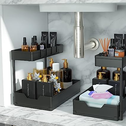 Photo 1 of 2 Pack Under Sink Organizer Storage Pull Out Cabinet Organizer 2-Tier Slide Out Sliding Shelf Multi-Use Narrow Space Under Sink Organizers and Storage for Kitchen Bathroom