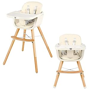 Photo 1 of BABY JOY Convertible Baby High Chair, 3 in 1 Wooden Highchair/Booster/Chair with Removable Tray, Adjustable Legs, 5-Point Harness, PU Cushion and Footrest for Baby, Infants, Toddlers (Beige)
