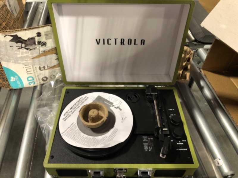 Photo 4 of Victrola Vintage 3-Speed Bluetooth Portable Suitcase Record Player with Built-in Speakers | Upgraded Turntable Audio Sound | Green Olive Green Olive Record Player