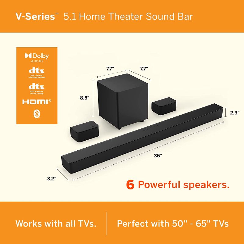 Photo 1 of VIZIO V-Series 5.1 Home Theater Sound Bar with Dolby Audio, Bluetooth, Wireless Subwoofer, Voice Assistant Compatible, Includes Remote Control - V51x-J6