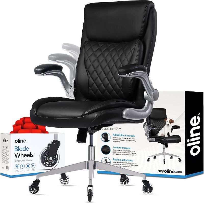 Photo 1 of Oline Ergonomic Executive Office Chair - Rolling Home Desk PU Leather Chair with Adjustable Armrests, 3D Lumbar Support and Blade Wheels - Computer Gaming Swivel Chairs (Black)
