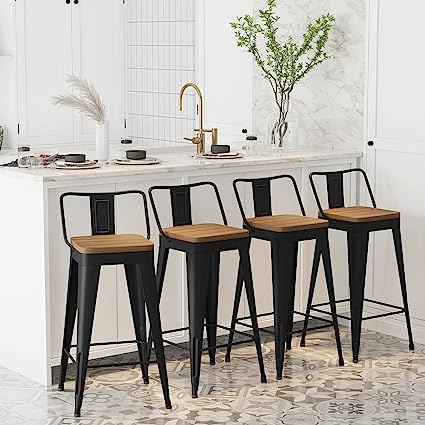 Photo 1 of WENTMENT Metal Bar Stools Set of 4 Counter Height Bar Stools Barstools with Removable Back 24" Kitchen Bar Stools with Wooden Seat, Black
