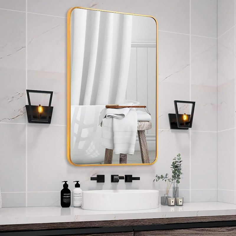 Photo 1 of ABSWHLM Wall Mirror 24"x36" Wall-Mounted Mirror for Bathroom with Rounded Corner, Rectangular Aluminum Frame Bathroom Mirror Hangs Horizontal or...