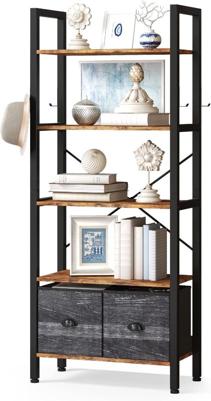 Photo 1 of 5-Tier Bookshelf with 2 Storage Drawers, Industrial Display Standing Shelf, Rustic Wood Storage Shelf with Metal Frame, Open Bookcases for Living Room, Bedroom, Home Office (BROWN)