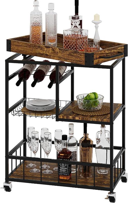 Photo 1 of aboxoo Bar Cart Wine Glass 3 with Basket Tier Home Rolling Rack with Wheels Mobile Kitchen Industrial Vintage Style Wood Metal Serving Trolley Serving Cart,Glass Holder Bar Cabinet