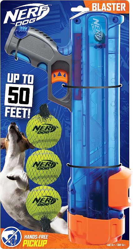 Photo 1 of Nerf Dog Compact Tennis Ball Blaster Gift Set with 3 Balls, Great for Fetch, Hands-Free Reload, Launches up to 50 ft, Single Unit, Includes 3 Nerf Balls, 4791, Translucent Blue