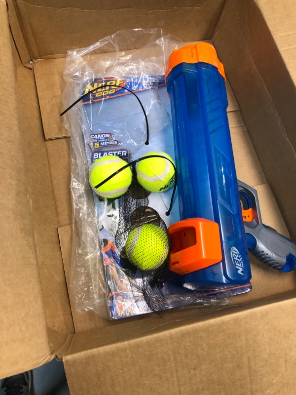 Photo 2 of Nerf Dog Compact Tennis Ball Blaster Gift Set with 3 Balls, Great for Fetch, Hands-Free Reload, Launches up to 50 ft, Single Unit, Includes 3 Nerf Balls, 4791, Translucent Blue