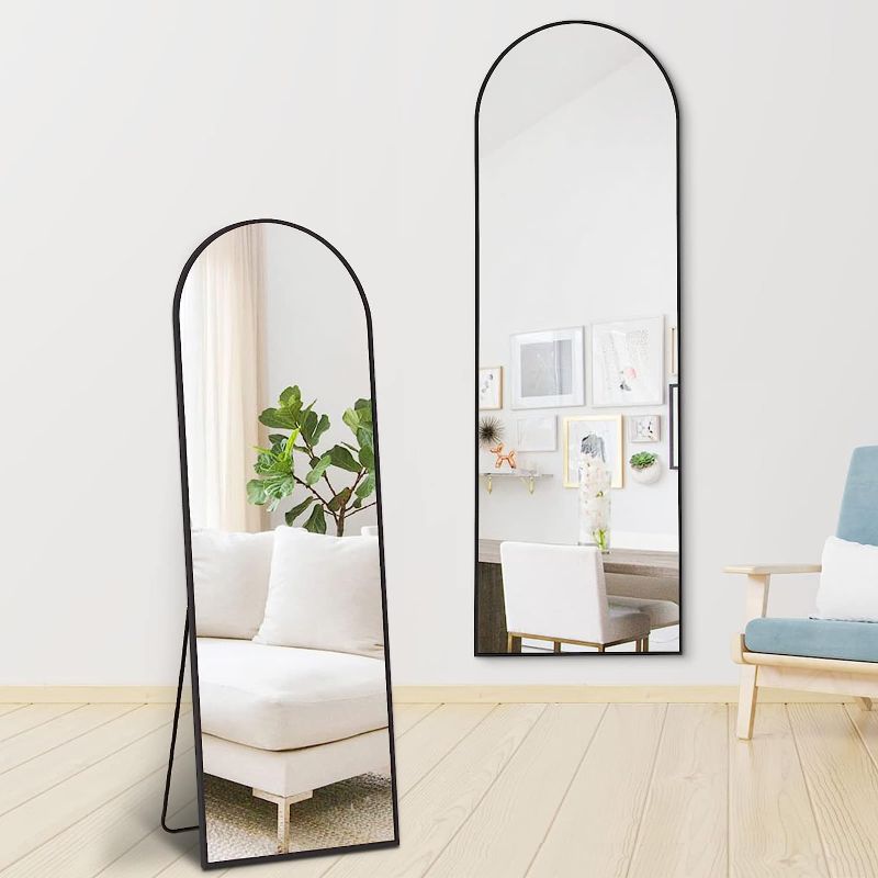 Photo 1 of Arched Full Length Mirror with Stand, 64"x21" Black Floor Mirror Metal Framed for Wall Mounted Body Mirror Leaning Full Body Mirror Hanging Wall Mirror for Living Room Bedroom Entryway Dressing Mirror