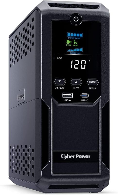 Photo 1 of CyberPower CP1500AVRLCD3 Intelligent LCD UPS System, 1500VA/900W, 12 Outlets, 2 USB Ports, AVR, Mini Tower, Black