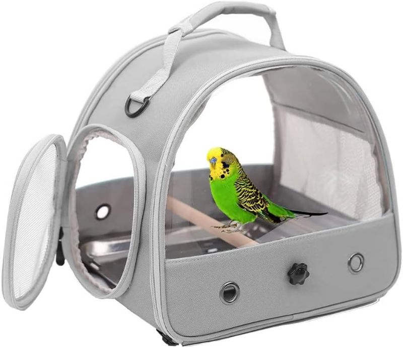 Photo 1 of Bird Travel Carrier, Portable Small Bird Parrot Parakeet Carrier with Standing Perch and Stainless Steel Tray, Side Access Window Collapsible (Grey)