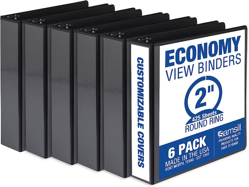 Photo 1 of Samsill Economy 2 Inch 3 Ring Binder, Made in the USA, Round Ring Binder, Customizable Clear View Cover, Black, 6 Pack