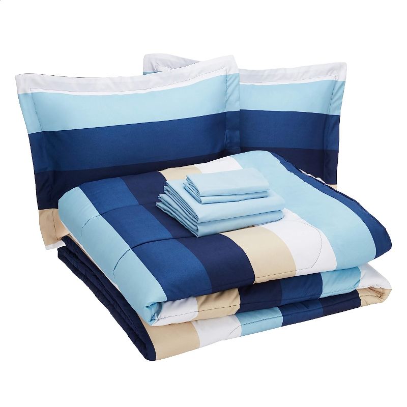 Photo 1 of Amazon Basics Lightweight Microfiber Bed-in-a-Bag Comforter 7 Piece Bedding Set, King, Blue Stripe, Geometric