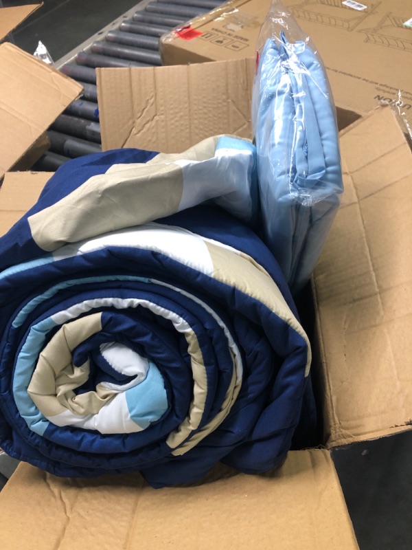 Photo 1 of Amazon Basics Lightweight Microfiber Bed-in-a-Bag Comforter 7 Piece Bedding Set, King, Blue Stripe, Geometric