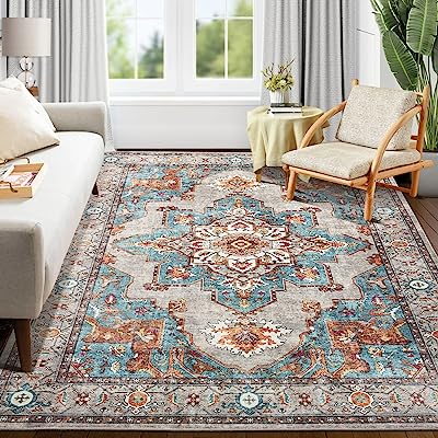 Photo 1 of Area Rug Living Room Rugs: 9x12 Washable Large Carpet Boho Oriental Persian Distressed Bohemian Non-Slip Area Rugs for Dining Room Farmhouse Bedroom Office Home Decor Grey/Teal
