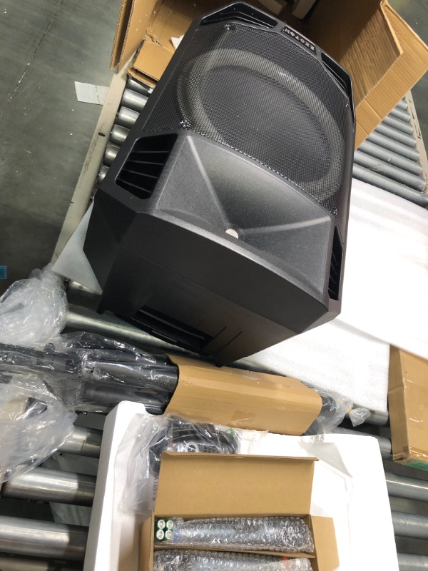 Photo 1 of EXOTON S-1501 15 inch Portable Wireless PA Speaker System - Active Powered Bluetooth Compatible Speaker, Rechargeable Battery, Easy Carry Wheels, USB MP3 RCA, FM Radio, 2 UHF Microphone, Remote