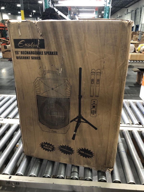 Photo 1 of EXOTON S-1501 15 inch Portable Wireless PA Speaker System - Active Powered Bluetooth Compatible Speaker, Rechargeable Battery, Easy Carry Wheels, USB MP3 RCA, FM Radio, 2 UHF Microphone, Remote