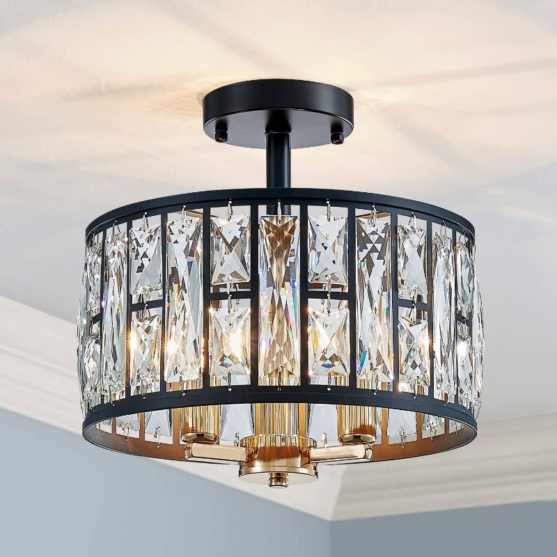 Photo 1 of AGV LIGHTING CH014BB K9 Crystal Semi Flush Mount Ceiling Light Fixture, E12 Base 3-Lights, D13 x H12, Crystal Lamp Shade, Matte Black & Light Gold Finish