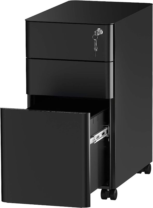 Photo 1 of YITAHOME 3-Drawer Slim File Cabinet with Lock, Mobile Metal Office Storage Filing Cabinet, Legal/Letter Size, Pre-Assembled File Cabinet Except Wheels Under Desk - Black