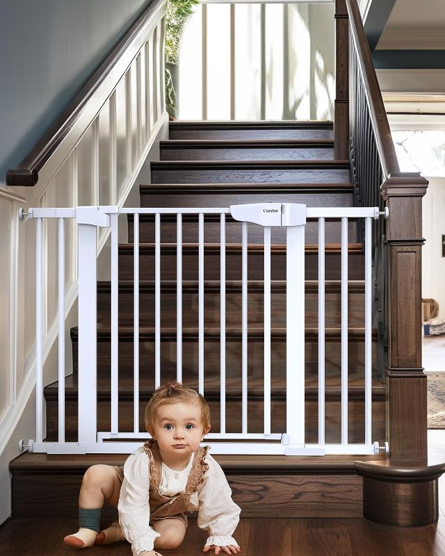 Photo 1 of Mom's Choice Awards Winner-Cumbor 29.7-46" Baby Gate for Stairs, Auto Close Dog Gate for the House, Easy Install Pressure Mounted Pet Gates for Doorways, Easy Walk Thru Wide Safety Gate for Dog, White