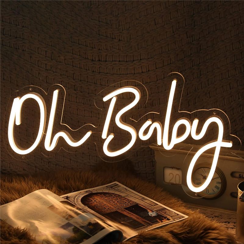 Photo 1 of ATOLS Oh Baby Large Neon Sign for Wall Decor, with Dimmer Switch, 12V Reusable Neon Light Sign for Baby Shower Decorations, Birthday Party, Wedding Decor, Warm White,Size 23.5X11.8 inches