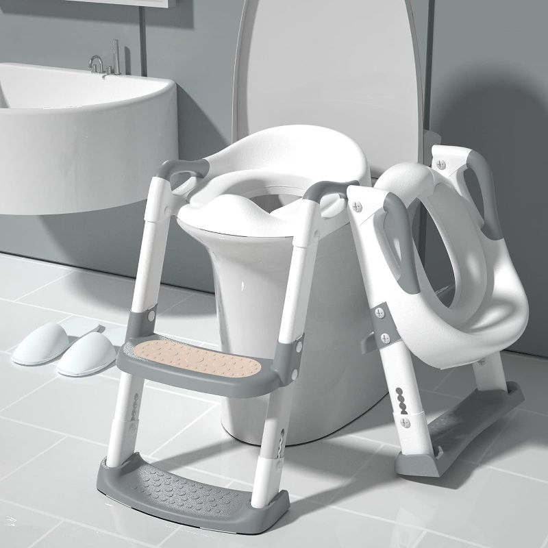 Photo 1 of GLAF Potty Training Toilet Seat for Toddler Boys and Girls with Step Stools Ladder Potty Chair 2 in 1 Adjustable Kids Potty Seat with Anti-Slip Pads Comfortable Cushion (Grey)