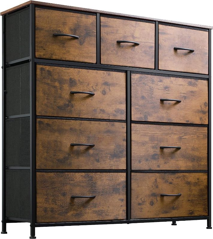 Photo 1 of 9-Drawer Dresser, Fabric Storage Tower for Bedroom, Hallway, Nursery, Closet, Tall Chest Organizer Unit with Fabric Bins, Steel Frame, Wood Top, Easy Pull Handle, Rustic Brown Wood Grain Print