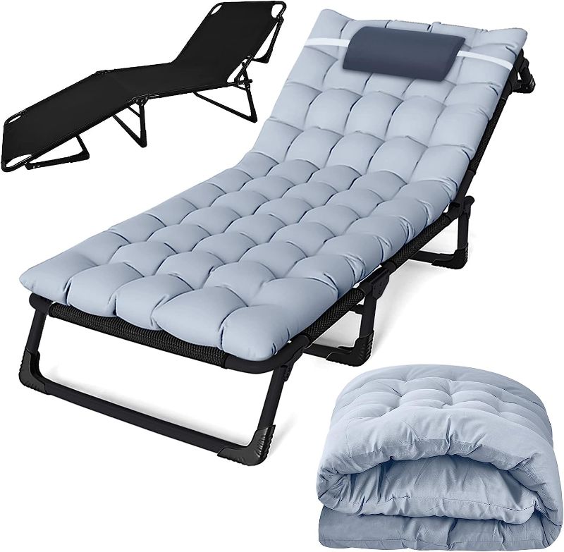Photo 1 of 4 Position Reclining Chaise Lounge Chair with Mattress and Pillow for Outside, Folding Camping Cot for Adults, Portable Foldable Sleeping Bed Lounger Outdoor for Patio Yard Lawn Beach Pool Sun Tanning