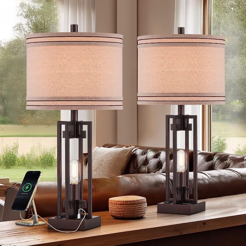 Photo 1 of ...KIVDITZO Rustic Farmhouse Table Lamps with Night Light Set of 2 Dark Bronze Finish Round Shade 5V/2A USB Charging Ports Dual Mini ON/Off Rocker Switch Lamp for Living Room Bedroom Home Office Study