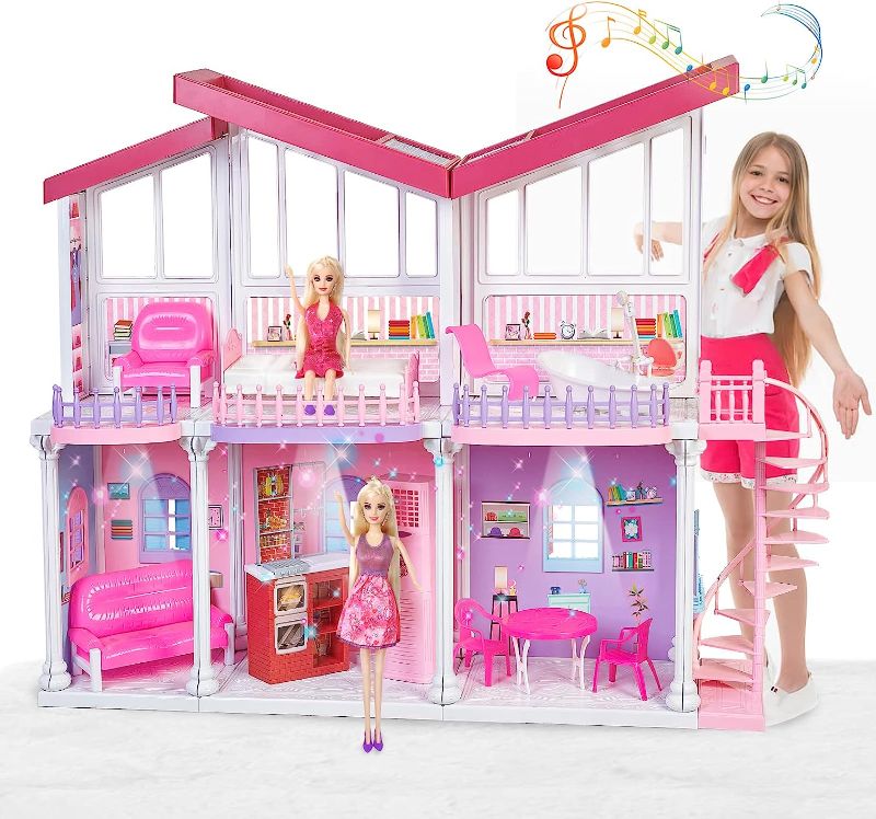 Photo 1 of Doll House, Dream House 2023 w/ 11.5 Inch Doll, 2-Story Pink DIY Dollhouse w/Plastic Walls, Large Furniture, Stairs, Dreamhouse Gift for 3 to 12 Year Olds