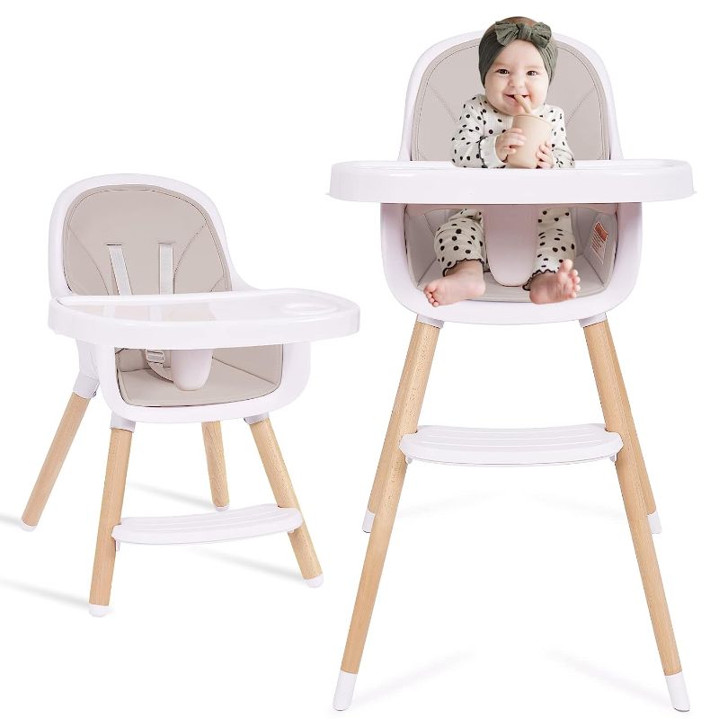 Photo 1 of Baby High Chair, 3-in-1 Convertible Wooden High Chair with Adjustable Legs & Double Dishwasher Safe Tray, High Chairs for Babies and Toddlers, Made of Sleek Hardwood & Premium Leatherette
