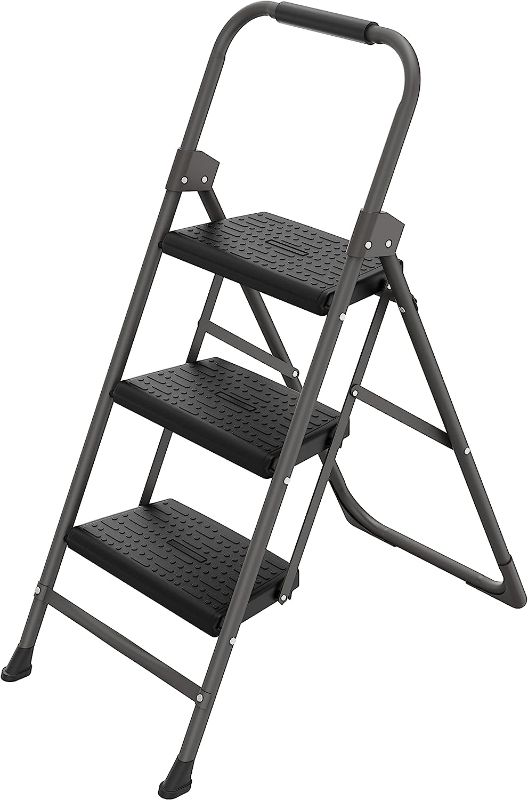 Photo 1 of AriseWork 3 Step Ladder, Folding Step Stool with Wide Anti-Slip Pedals, Stable U-Shape Leg, Horseshoe Feet, Convenient Handgrip, Portable Steel Ladder Tools for Home Office, Black