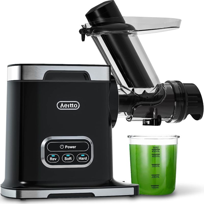 Photo 1 of Aeitto Slow Juicer, Cold Press Juicer, Masticating Juicer with 3 Inch Wide Chute, 2-Speed Modes & Reverse Function, Celery Juicer with Brush Easy to Clean for Fruit and Vegetable (Black)