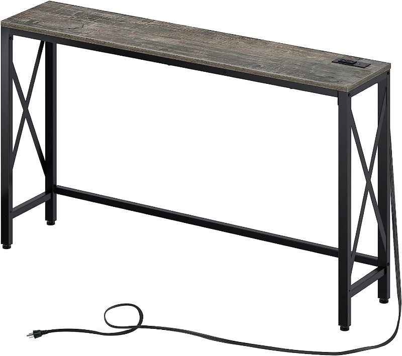 Photo 1 of Console Table with Power Outlets and USB Ports, 55” Entryway Table with Metal Frame & X-Shaped Design, Narrow Sofa Table for Living Room and Hallway, Behind Couch Table, for Entryway, Foyer