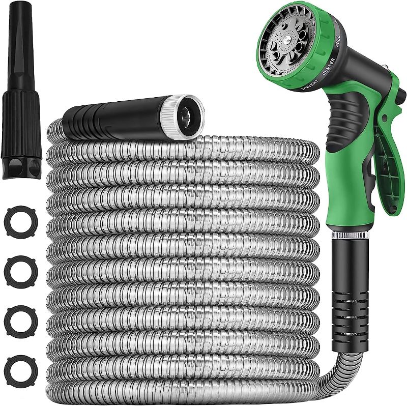 Photo 1 of 200 ft Garden Hose -Metal Water hose with Nozzle &10 Function Sprayer,Flexible, Heavy Duty,No Kink& Tangle, Lightweight, 304 Stainless Steel Car Washing Hoses Pipe for Outdoor,Yard