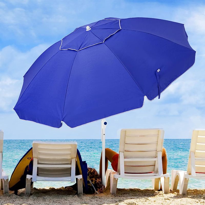 Photo 1 of  Beach Umbrella for Sand Portable Outdoor Beach Umbrella with Sand Anchor Fiberglass Rib Push Button Tilt and Carry Bag Blue