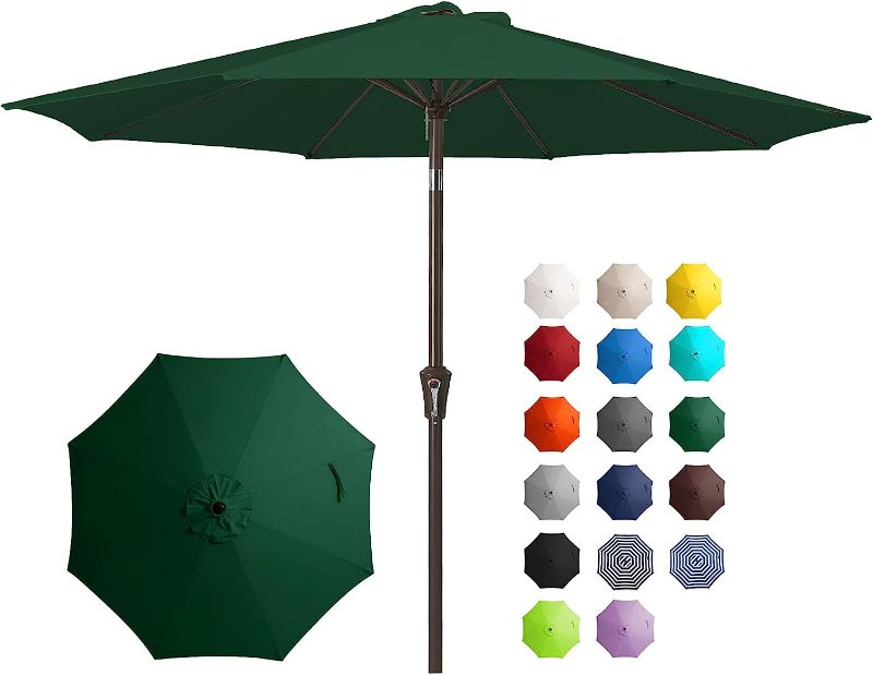 Photo 1 of  9FT Outdoor Patio Umbrella Outdoor Table Umbrella with Push Button Tilt and Crank, Market Umbrella 8 Sturdy Ribs UV Protection Waterproof for Garden, Deck, Backyard, Pool (Dark Green)