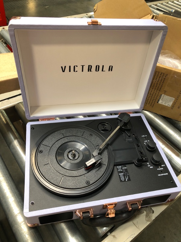 Photo 3 of Victrola Vintage 3-Speed Bluetooth Portable Suitcase Record Player with Built-in Speakers | Upgraded Turntable Audio Sound | Lavender (VSC-550BT-LVG) Lavender/Silver Record Player