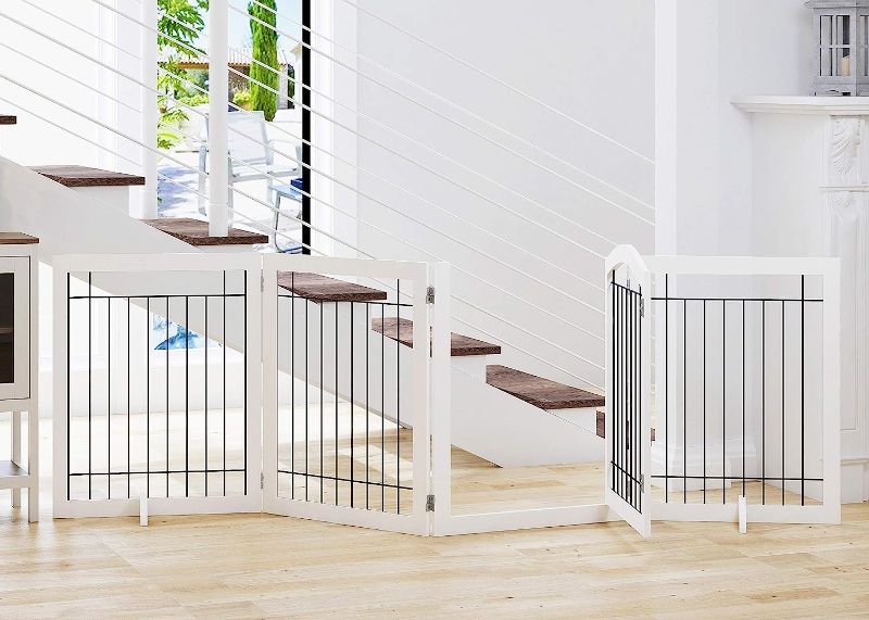 Photo 1 of  Extra Wide 30-inches Tall Dog Gate with Door Walk Through, Freestanding Wire Pet Gate for The House, Doorway, Stairs, Pet Puppy Safety Fence, Support Feet Included (White)
