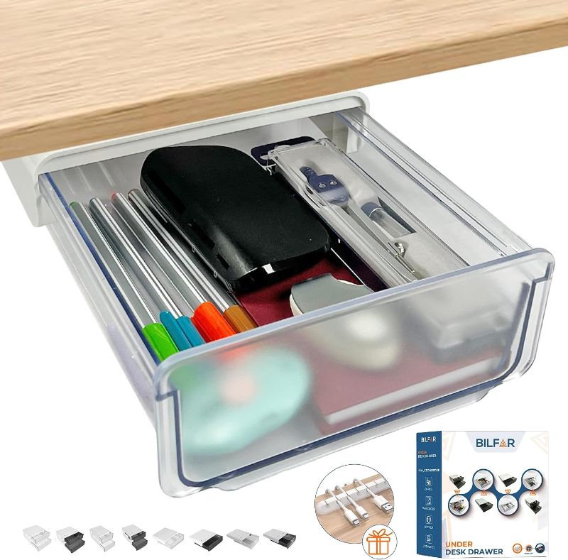 Photo 1 of  Under Desk Drawer Organizer Slide Out - Hidden Shelf - Comes with a cables organizer- Strong adhesive - Drawers Under Table Storage for Pencils and all of desk accessories (single small white).