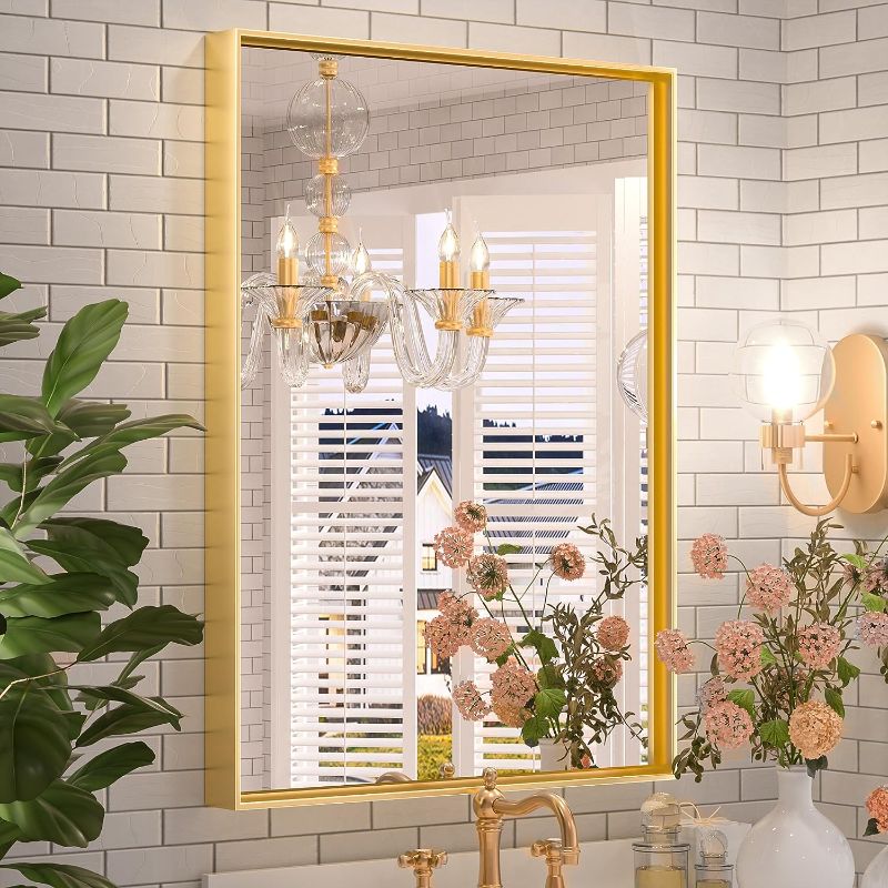 Photo 1 of  Brushed Gold Wall Mirror 22” x 30” Rectangular Gold Bathroom Mirror Brass Gold Metal Frame Mirror, Modern Gold Vanity Mirror Farmhouse Rectangle Mirror, Square Corner(Horizontal/Vertical)