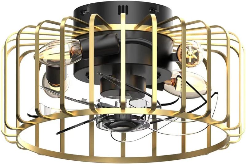Photo 1 of 13'' Low Profile Small Flush Mount Farmhouse Industrial Caged Ceiling Fan with Lights, 6 Speed Bladeless Black Ceiling Fan with Remote Control for Living Room, Bedroom, Kitchen (Black and Gold)