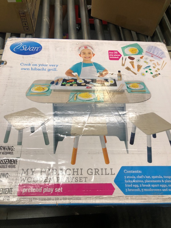 Photo 2 of Hibachi Grill Wooden Kids Playset w/ Stools, Table Settings and Over 25 Toy Food Pieces - Noodles, Tongs, Meats, Veggies - Everything Your Little Chef Needs for Pretend Play Indoor Japanese Restaurant