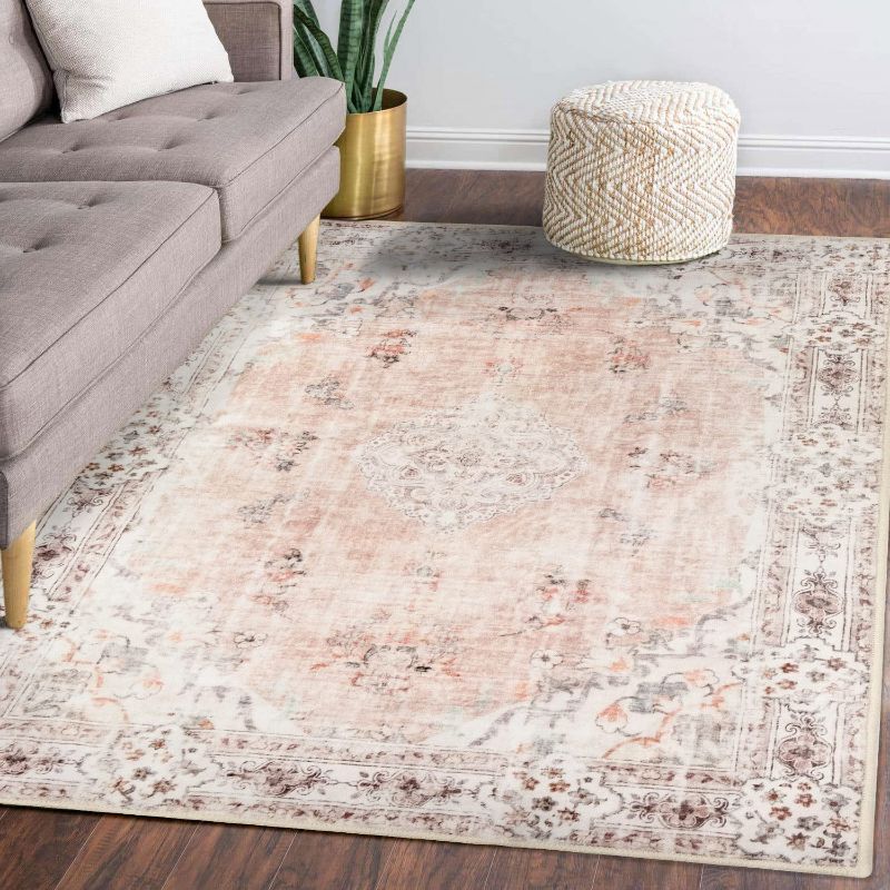 Photo 1 of 5'x7' Area Rugs Pink Machine Washable Boho Rug for Bedroom,Living Room, Laundry Room Kitchen Non Slip Carpet Abstract Soft Low-Pile Floral
Size:5'x7'