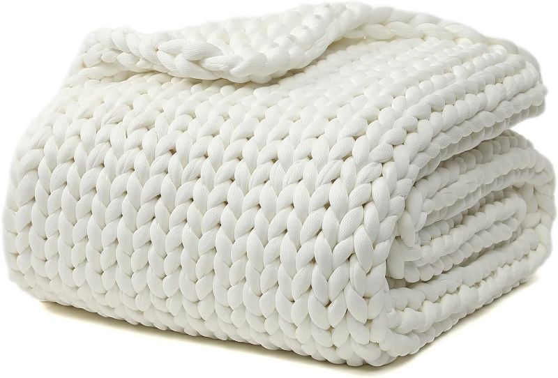 Photo 1 of YnM Cooling Knitted Weighted Blanket, Hand Made Chunky Knit Weighted Throw Blanket for Sleep or Home Décor (White, 50''x60'' 10lbs)