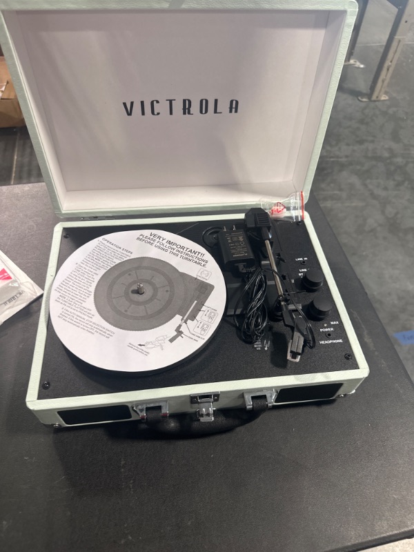 Photo 3 of Victrola Vintage 3-Speed Bluetooth Portable Suitcase Record Player with Built-in Speakers | Upgraded Turntable Audio Sound| Includes Extra Stylus | Mint (VSC-550BT-HOM) Hint of Mint Record Player