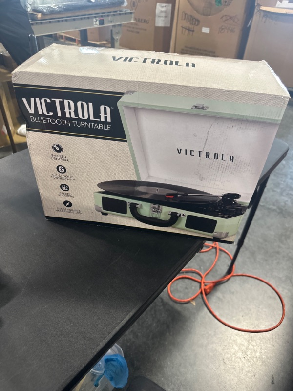 Photo 2 of Victrola Vintage 3-Speed Bluetooth Portable Suitcase Record Player with Built-in Speakers | Upgraded Turntable Audio Sound| Includes Extra Stylus | Mint (VSC-550BT-HOM) Hint of Mint Record Player