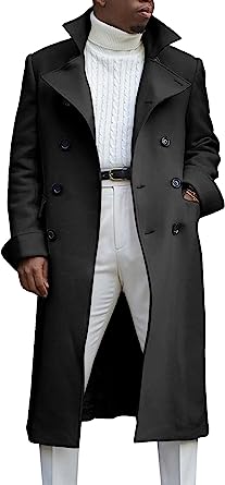 Photo 1 of Ebifin Men's Notch Lapel Double Breasted Long Trench Coat Casual Cotton Blend Peacoat Large