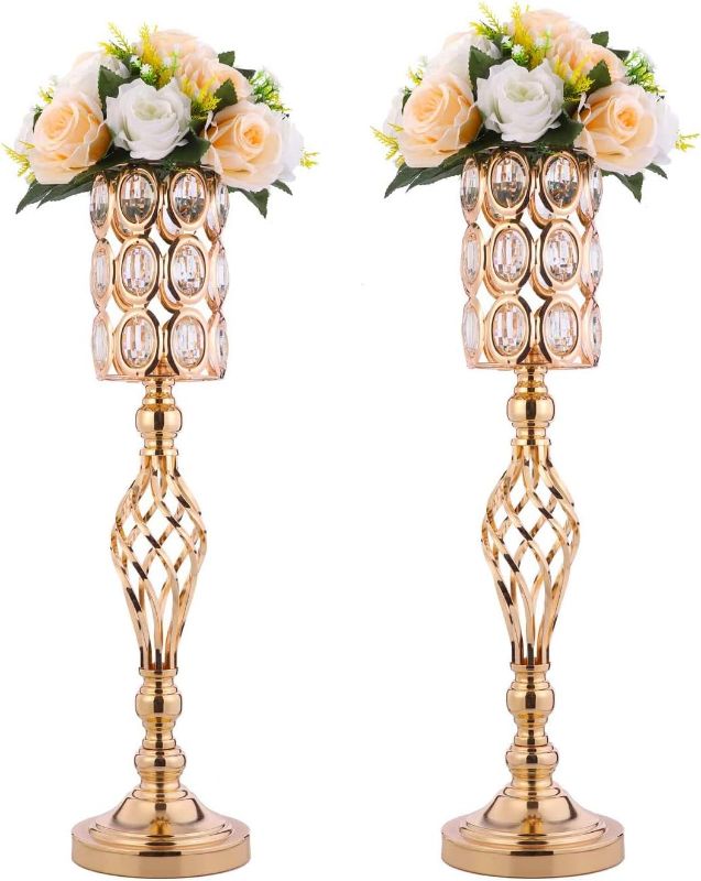 Photo 1 of 24in Metal Diamond Crystal Wedding Centerpiece Vases for Tables Set of 2, Gold Versatile Tall Flower Holders Centerpiece Flower Stands for Wedding Party Reception Dining Room Living Room Décor