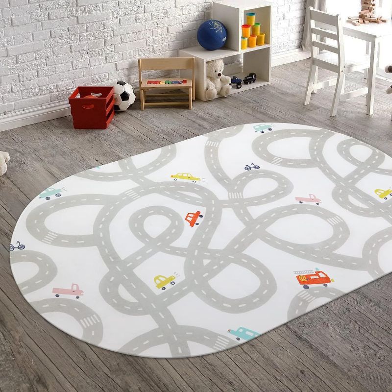 Photo 1 of Road Traffic Kids Rug Children Playing with Cars Playmat 4x6 ft,Washable Play Carpet for Kids Playroom,Non-Slip Have Fun Safe Baby Nursery Rug for Toddler Boy’s Bedroom Game Room Grey